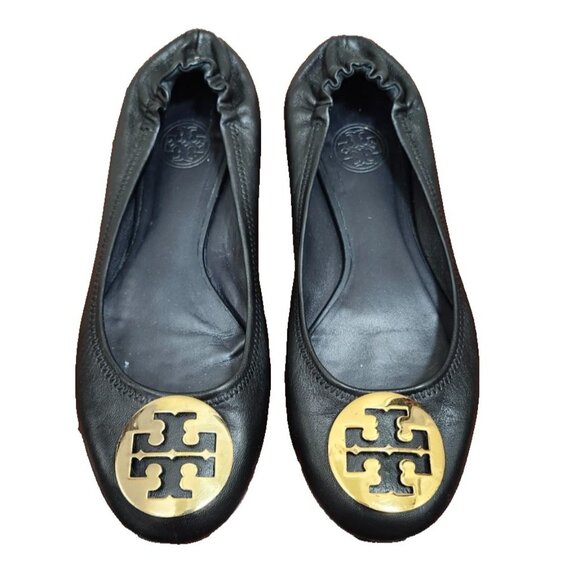Tory Burch Minnie Travel Ballet Flats Black Leather Gold Logo Women’s Size 8 - Picture 2 of 12